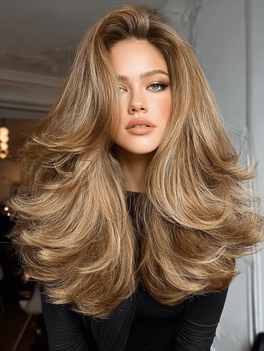 Woman with a bouncy voluminous blowout hairstyle